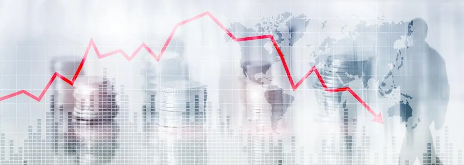 Chart with red down arrow on abstract background. Falling growth in business Stock Photos