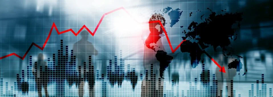 Chart with red down arrow on abstract background. Falling growth in business Stock Photos