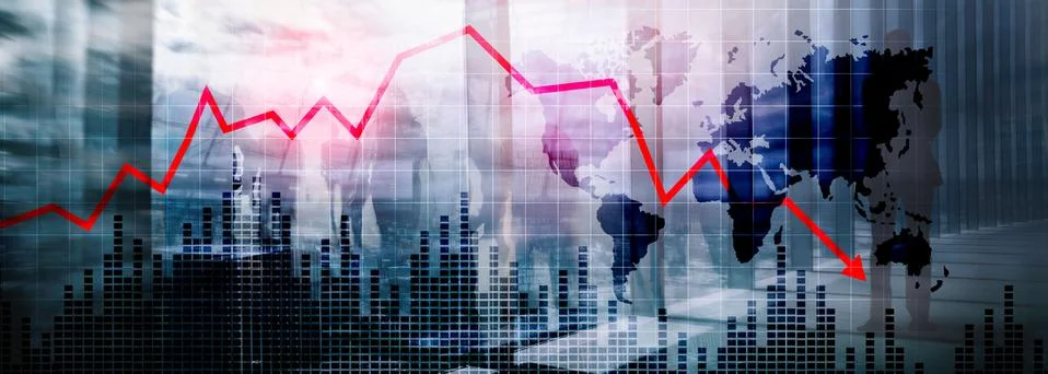 Chart with red down arrow on abstract background. Falling growth in business Stock Photos