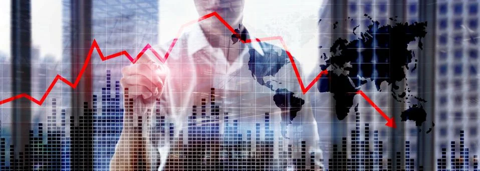 Chart with red down arrow on abstract background. Falling growth in business. Stock Photos