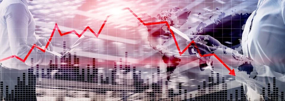 Chart with red down arrow on abstract background. Falling growth in business Stock Photos