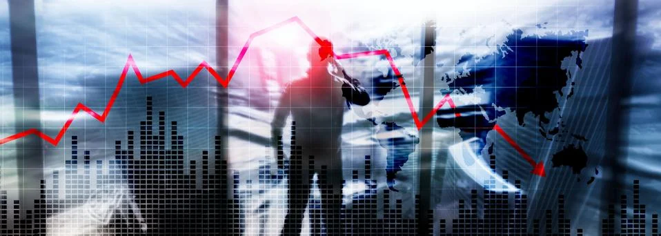 Chart with red down arrow on abstract background. Falling growth in business. Stock Photos