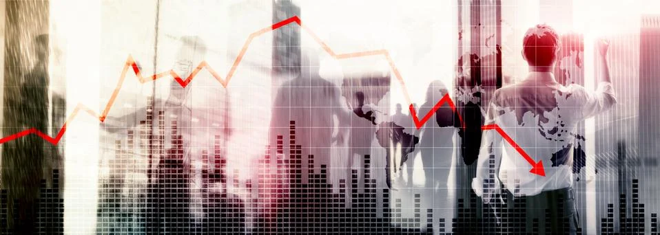 Chart with red down arrow on abstract background. Falling growth in business. Stock Photos