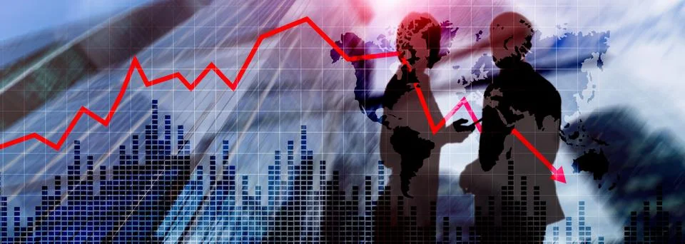 Chart with red down arrow on abstract background. Falling growth in business. Stock Photos