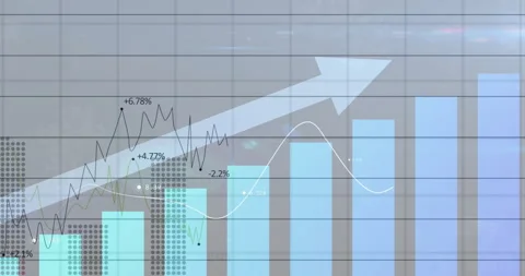 Chart rendering five turquoise bars rising and trend lines weaving and arrow Stock Footage 314085084