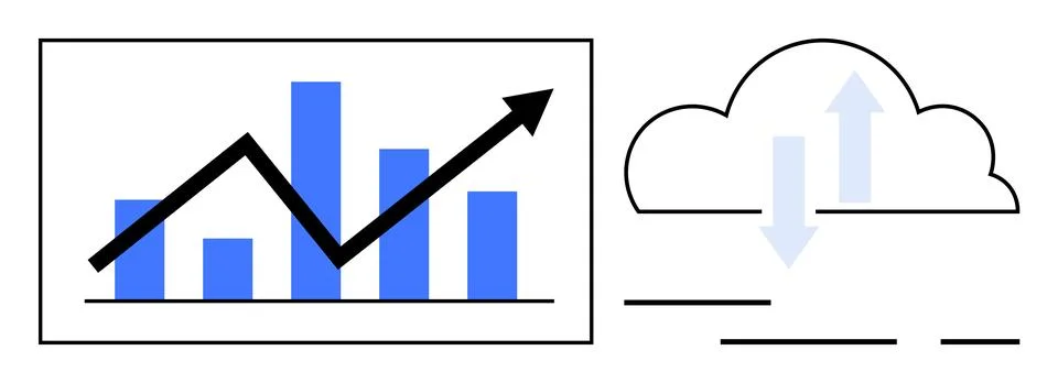 A chart with rising bars and a cloud symbol featuring arrows. Ideal for data  스톡 일러스트
