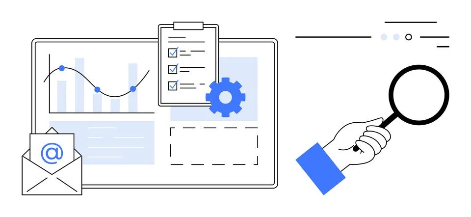 Chart on screen showing data analysis, a checklist clipboard, email icon, gea Stock Illustration