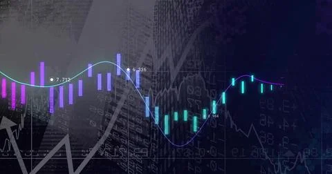 Chart showing candlestick bars, glowing spline on screen after ticker update Stock Illustration