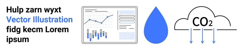 Chart showing data analysis with bar and line graphs, blue droplet, CO2 emiss Stock Illustration