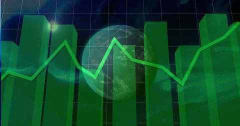 Chart showing green bars and green line graph over semi-transparent globe in Ilustração Stock
