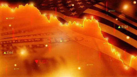 Chart showing money trends during a recession with background of US flag and Stock Illustration