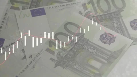 Chart showing starting 100€ notes fading rotating stacking while bars animating Stock Footage 328656819