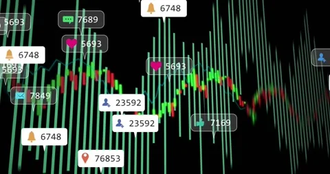 Chart showing teal bars and candles, left badges appearing and stacking icons, Stock Footage 328265604