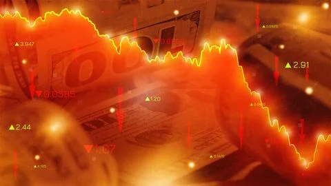 Chart shows decline in money values and rising coins during a recession period Stock Photos