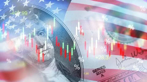 Chart shows money changes with United States flag background and market trends Stock Illustration