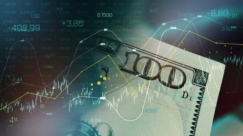 Chart shows money movement during recession with graphics and hundred-dollar Stock Photos