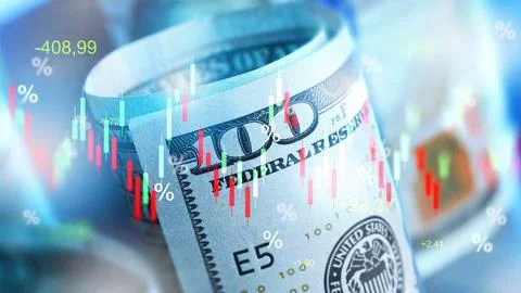 Chart shows money trends indicating recession signs with notes in background Stock Illustration