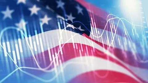Chart shows money trends with US flag in background representing economy Stock Illustration