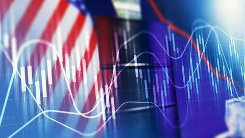 Chart shows money trends with US flag and financial data visualizations in the 스톡 일러스트