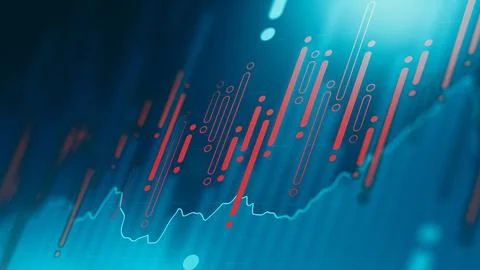 Chart shows stock exchange trading trends with lines and bars over time Ilustração Stock