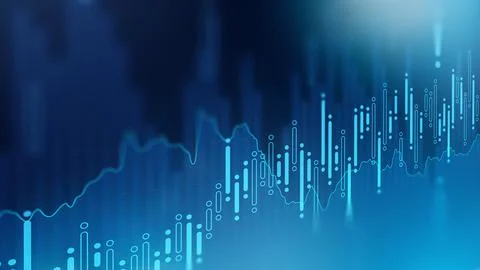 Chart shows stock exchange trading data over time with clear upward movement in Ilustração Stock