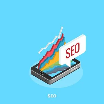 Chart on the smartphone screen and the word SEO, isometric image 스톡 일러스트