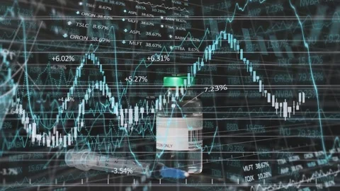 On chart sweep, vial+syringe staying while cyan charts climbing, aligning over Video stock 335317114