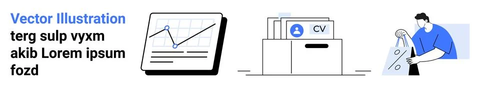 Chart on tablet with upward trend, file box with CVs, and person drawing blue Ilustração Stock
