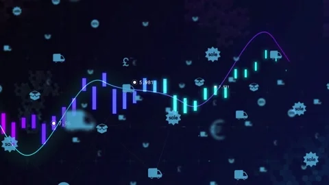 Chart timeline advancing bars shifting from purple to cyan showing finance Stock Footage 331214478