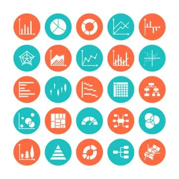 Chart types flat glyph icons. Line graph, column, pie donut diagram, financial Stock Illustration