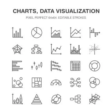 Chart types flat line icons. Linear graph, column, pie diagram, financial report Stock Illustration
