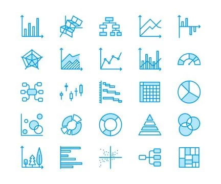 Chart types flat line icons. Linear graph, column, pie donut diagram, financial Stock Illustration