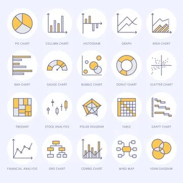 Chart types flat line icons. Linear graph, column, pie donut diagram, financial Stock Illustration