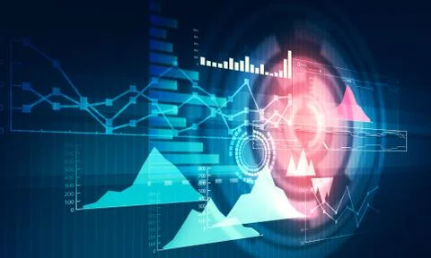 Chart with uptrend line graph, bar chart and diagram in bull market on dark.. Stock Illustration