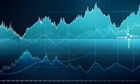 Chart with uptrend line graph, bar chart and diagram in bull market on dark.. Stock Illustration