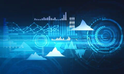 Chart with uptrend line graph, bar chart and diagram in bull market on dark.. Illustrazione stock