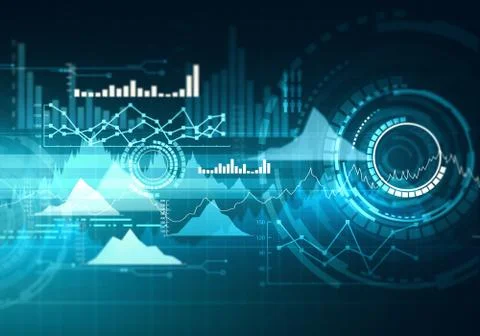 Chart with uptrend line graph, bar chart and diagram in bull market on dark.. Illustrazione stock