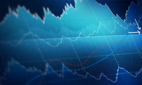Chart with uptrend line graph, bar chart and diagram in bull market on dark.. Stock Illustration