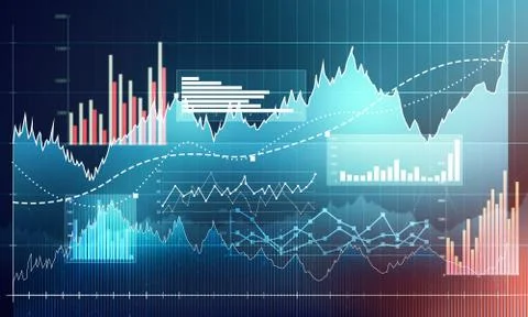 Chart with uptrend line graph, bar chart and diagram in bull market on dark.. Stock Illustration