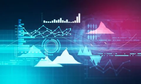 Chart with uptrend line graph, bar chart and diagram in bull market on dark.. Stock Illustration