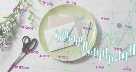 Chart visuals fading in from right sweeping left across plate, scissors Video stock 317835325