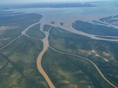 Charter flight view of a river flowing into the sea in Madagascar Stock Photos