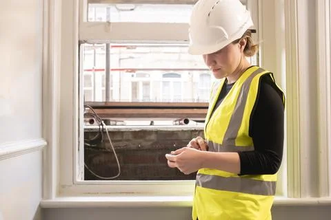 Chartered civil engineer lady using a calculator in front of a window in a .. Stock Photos