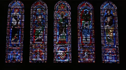 Charters Cathedral Interior stained glass pan up Stock Footage 163159777