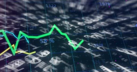 Charting green graph showing fluctuations on digital grid interface, with yellow Stock Illustration