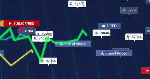 Charting green line graph with badge counters on navy grid UI, showing Stock Illustration