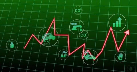 Charting red zigzag-trend line rising across digital green grid, with water, イラスト素材