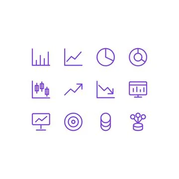 Charts And Analytics Icon Set 12 Color Line Icons Editable Stroke Vector Stock Illustration