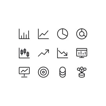 Charts And Analytics Icon Set 12 Black White Line Icons Editable Stroke Vector Stock Illustration