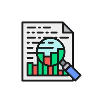 Charts and graphs, document with statistic and magnifying glass flat color icon. Illustrazione stock